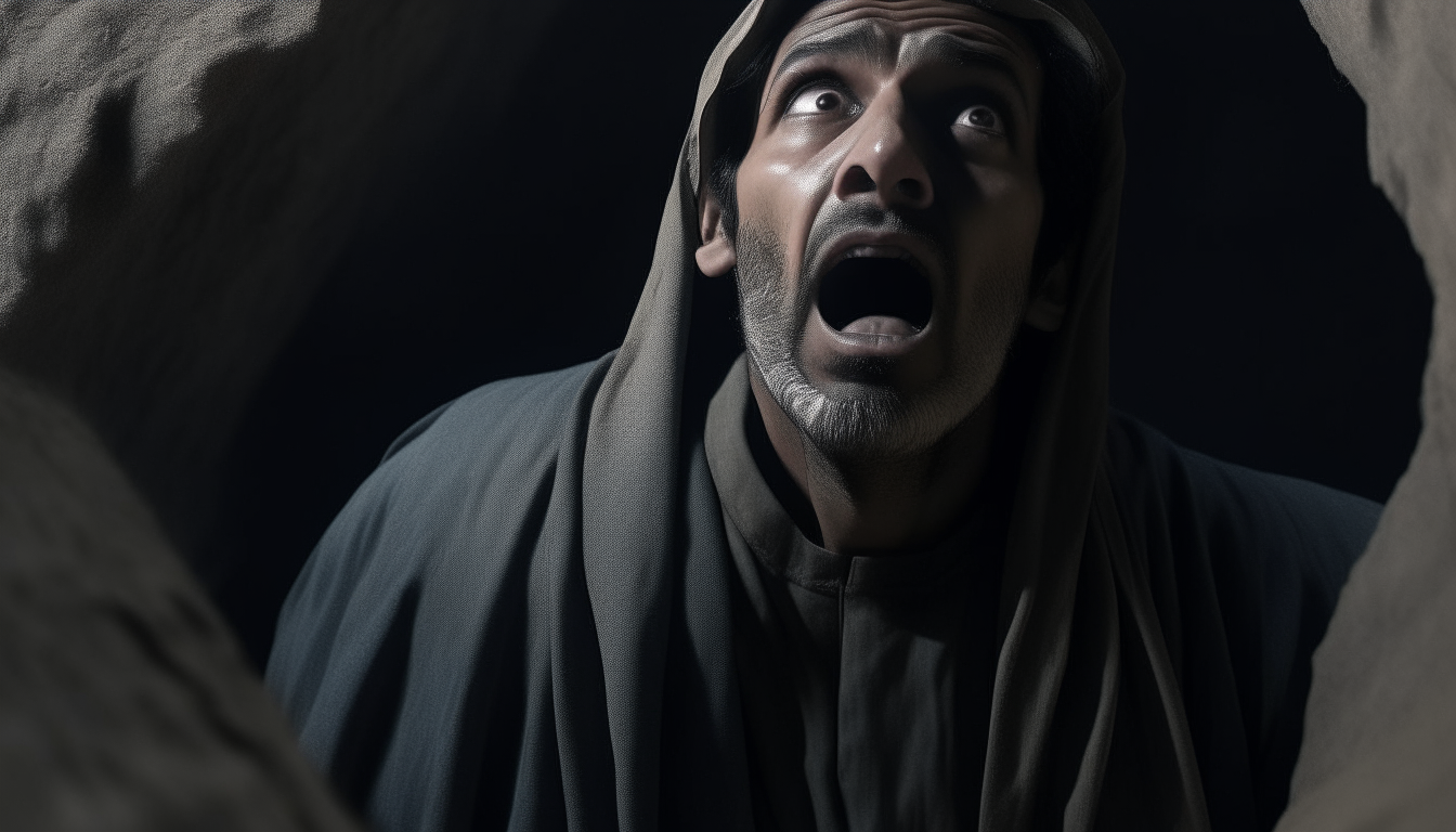 A mysterious figure looms over a man named Mustafa who is trapped in an open grave. Mustafa tries to scream but finds he cannot move or speak as the figure says something ominous above him.
