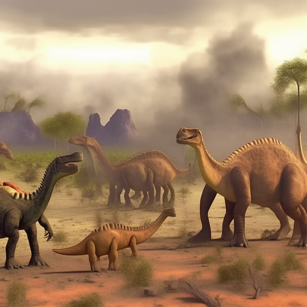 Un gruppo di dinosauri erbivori pascola in una savana ricca di vegetazione, con vulcani fumanti sullo sfondo