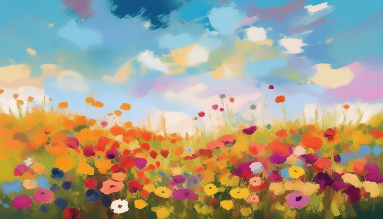 a field of colorful flowers floating through the sky on a sunny day, impressionist painting style