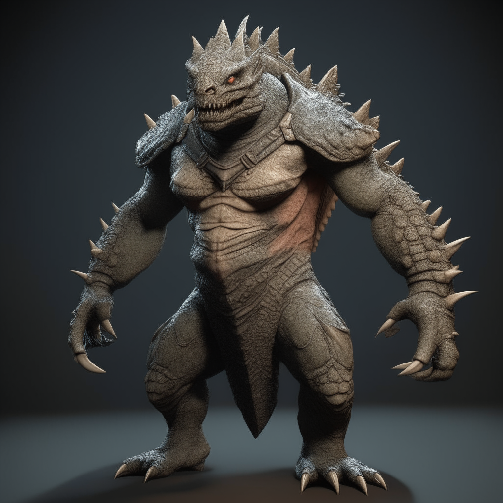 A completely abstract creature of a lizardman warrior without clothing or armor, showing its full muscular body from front view in 3D rendering