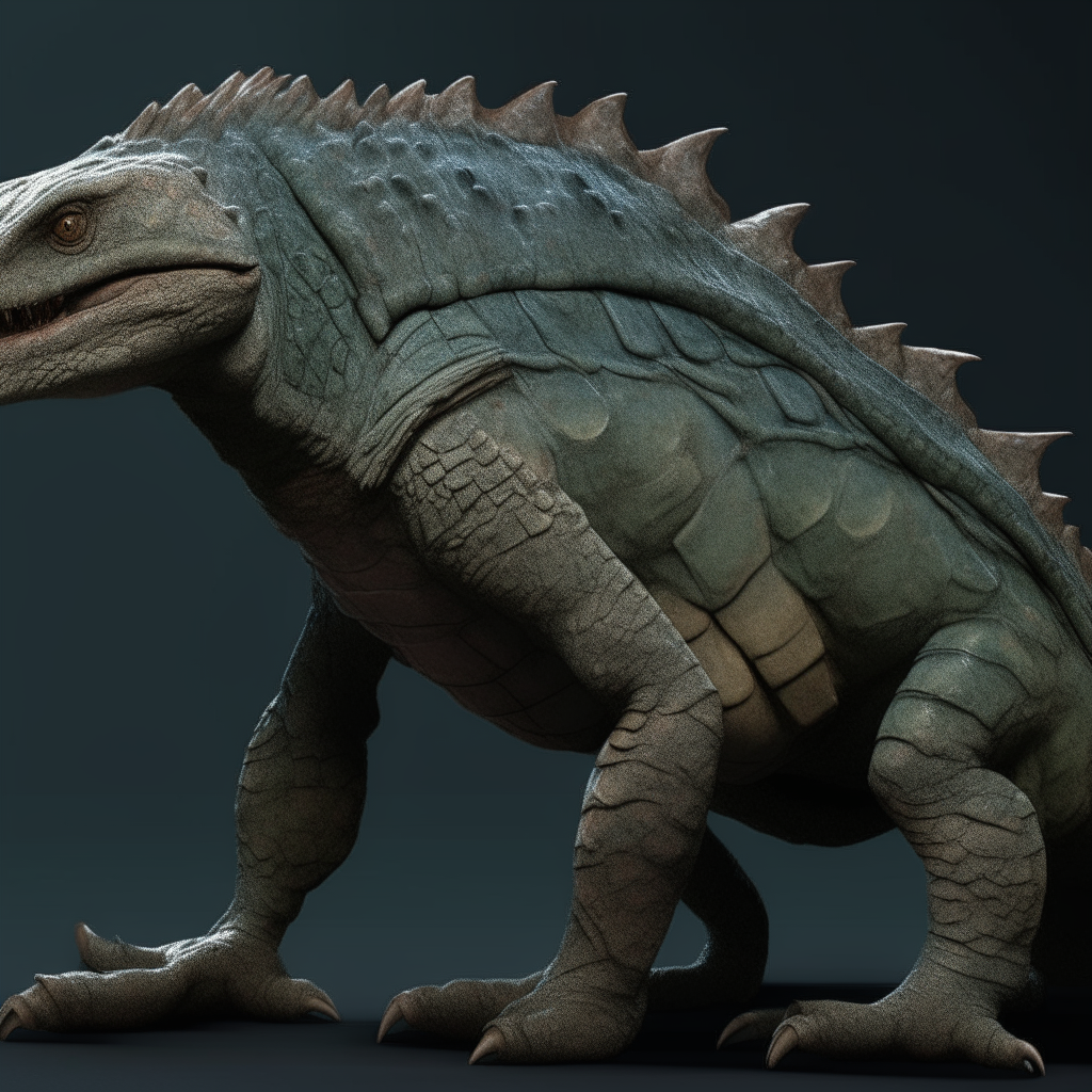 Another view of an abstract lizardman creature, this time shown from the side to showcase its scaly skin and powerful physique without any garments