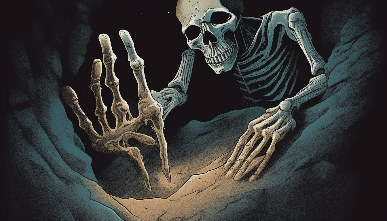 A terrifying skeletal hand emerges from a freshly dug grave at night. Mustafa, a young man, is trying to escape but is frozen in fear as the bony fingers reach out and grasp his ankle.