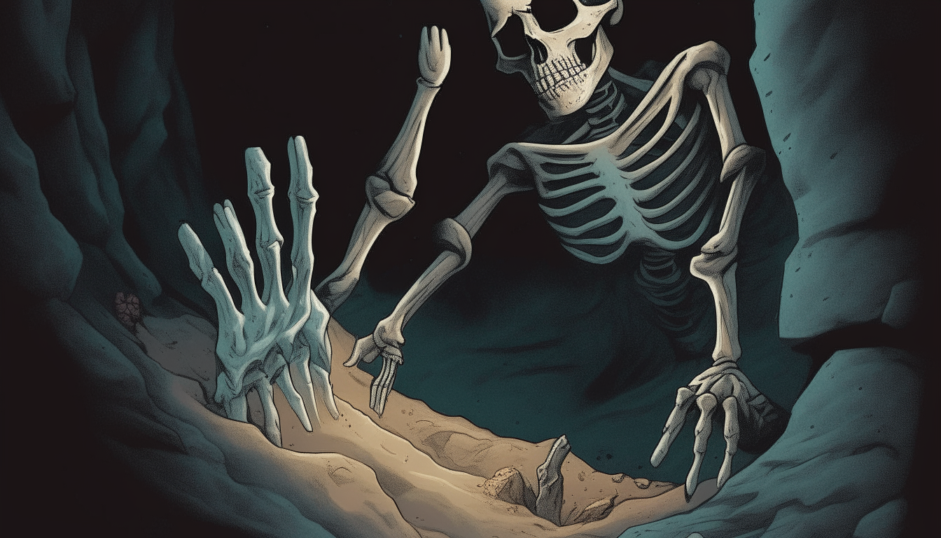 A terrifying skeletal hand emerges from a freshly dug grave at night. Mustafa, a young man, is trying to escape but is frozen in fear as the bony fingers reach out and grasp his ankle.