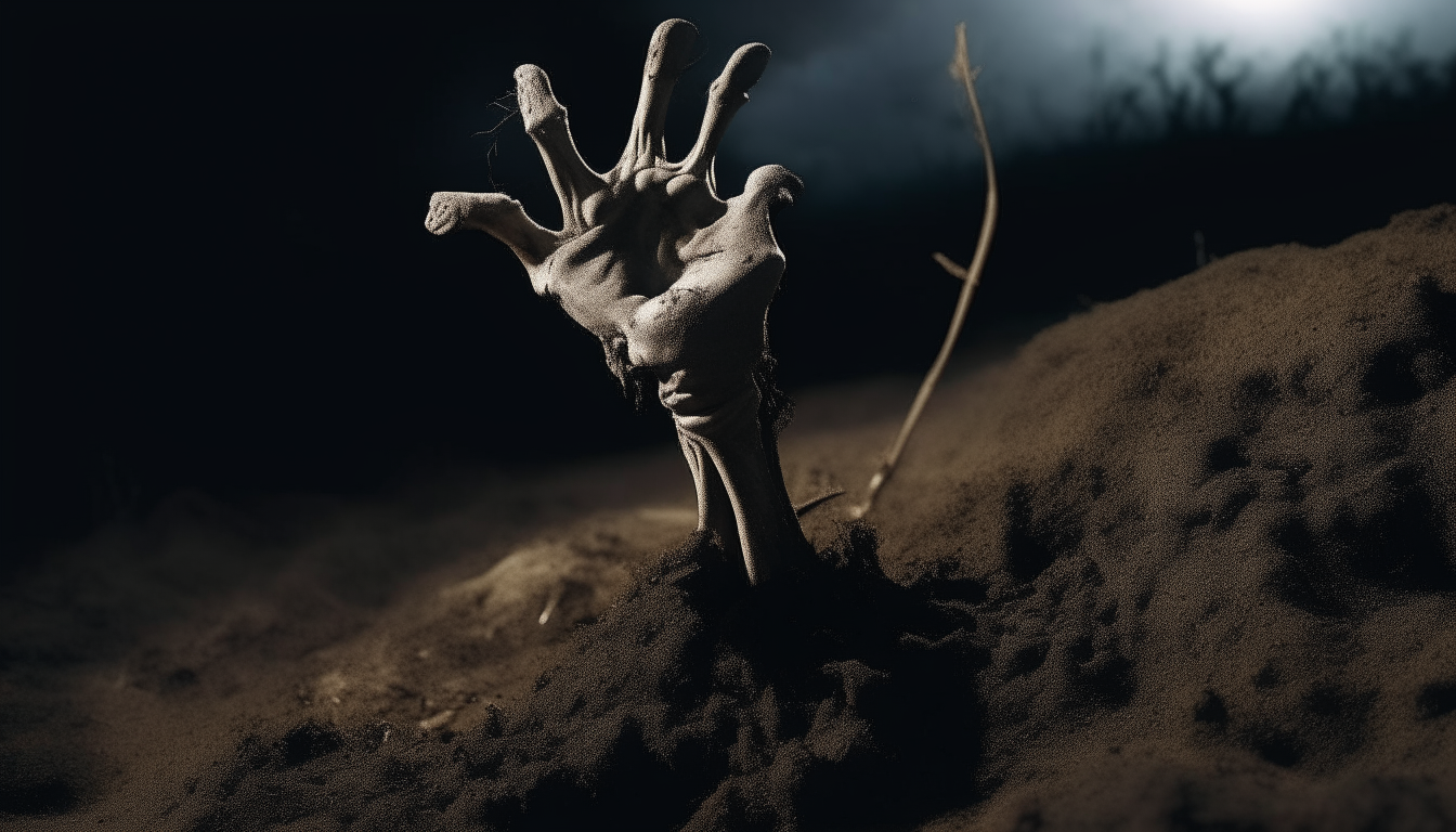 A skeletal hand bursts from the soil, clutching at the air as it emerges from a freshly dug grave at night.