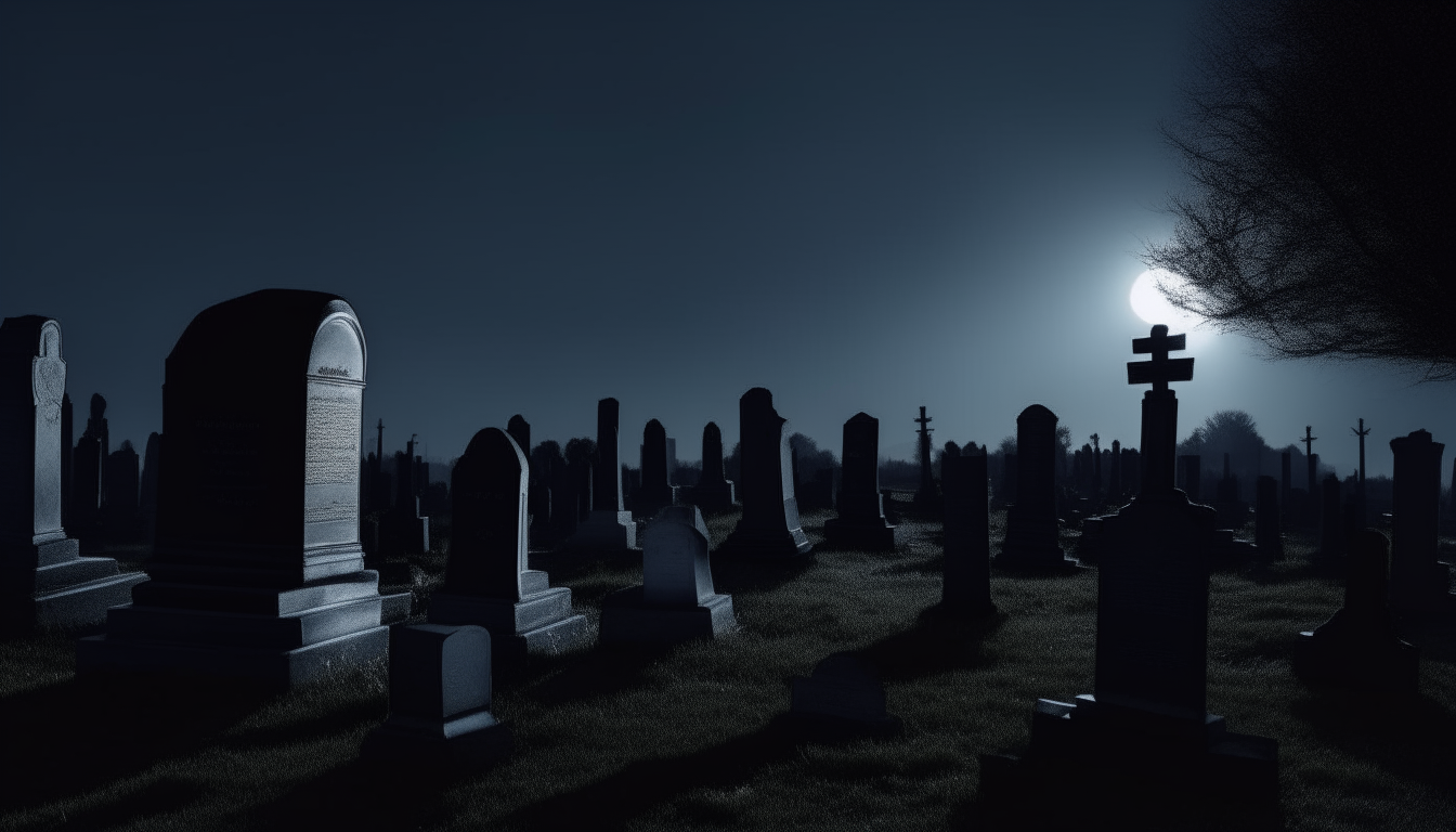 A moonlit cemetery with rows of dark headstones silhouetted against a night sky