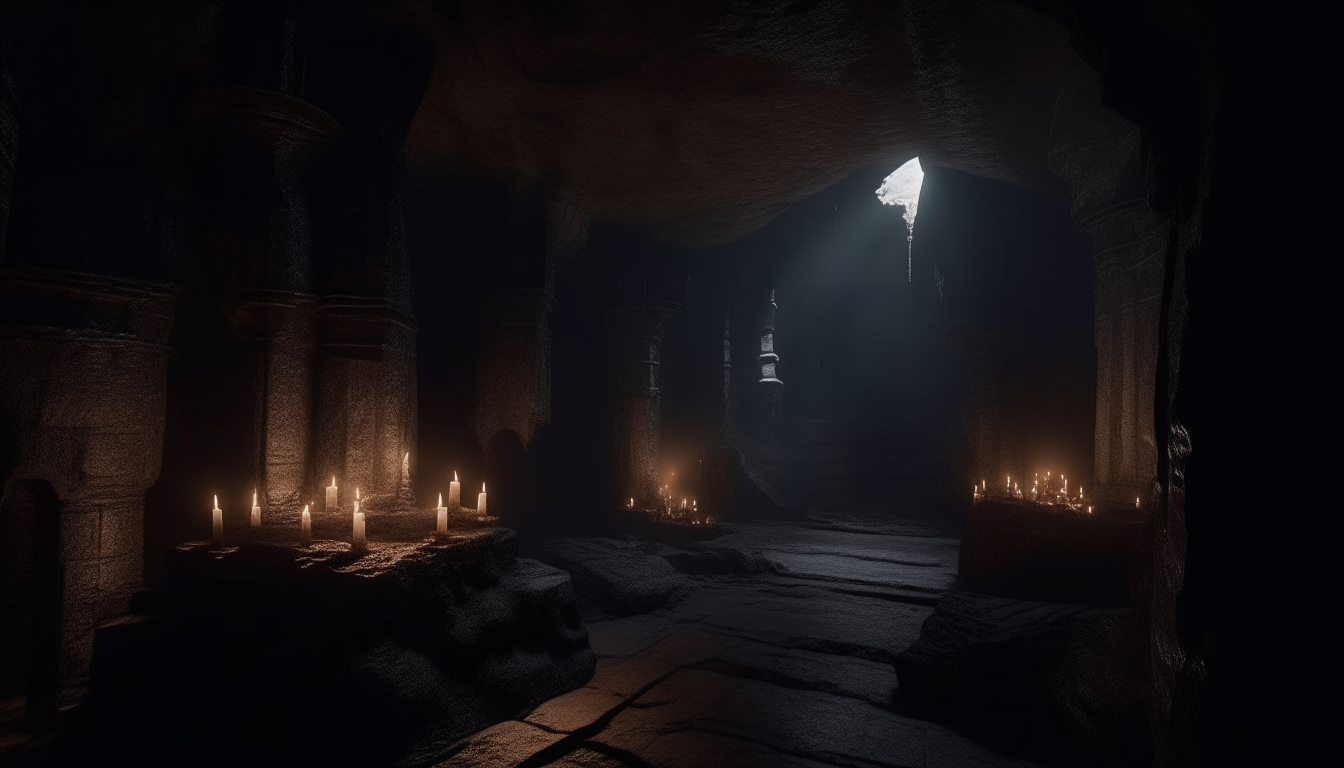 Dark, terrifying cinematic tombs inside a large underground cavern, with crumbling stone walls and arched entrances leading into blackness. Candles flickering on the walls cast shadows in the gloom.