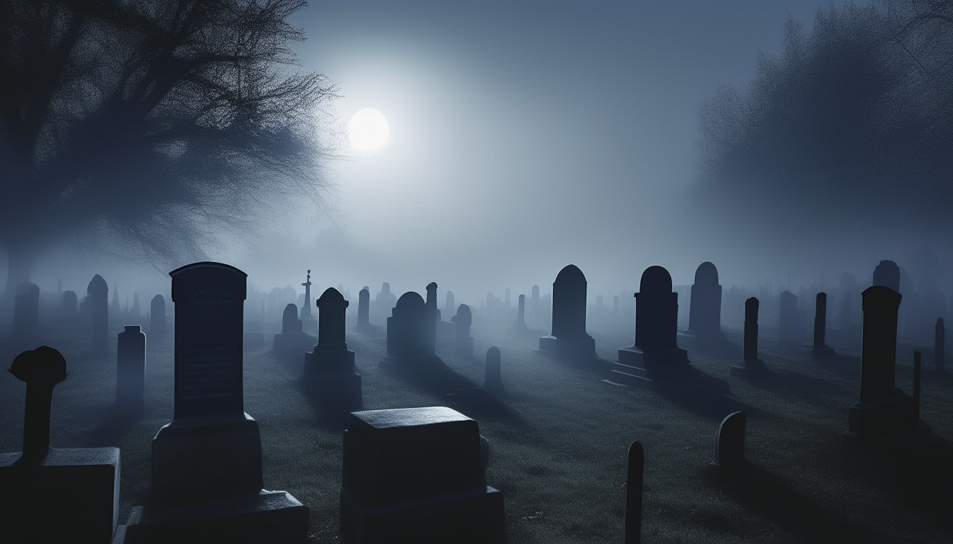 A foggy cemetery at night, with rows of dark tombstones under a crescent moon