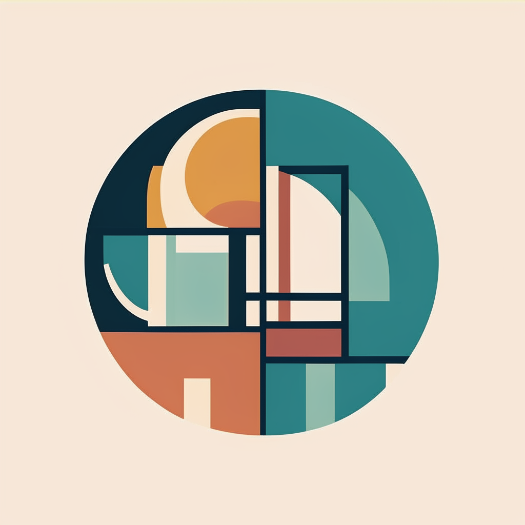 An abstract logo incorporating elements symbolic of interior design such as furniture outlines, architectural symbols or textures, in a balanced color scheme