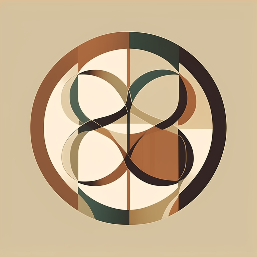 An abstract logo incorporating iconic symbols of interior design harmony like overlapping geometric forms, in a color scheme of neutrals and earth tones