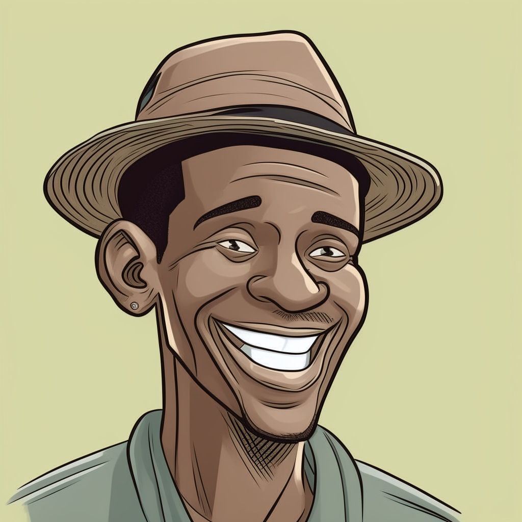A cartoon of a smiling black man wearing a hat without earrings