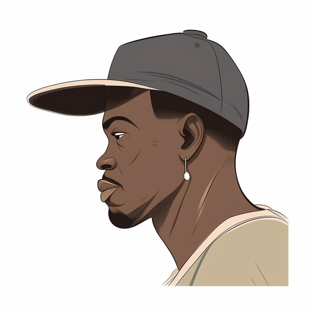 A cartoon side profile of a black man wearing a hat without earrings