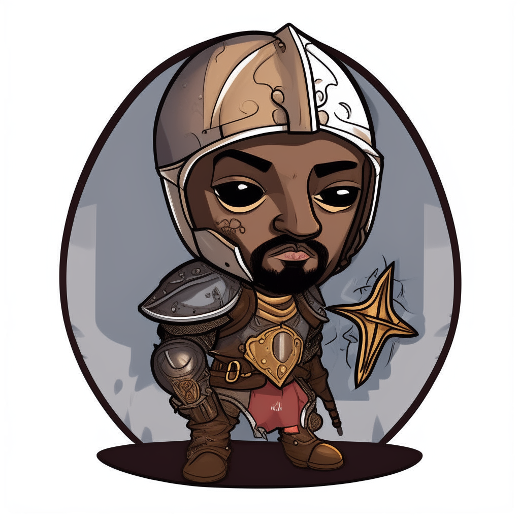 A chibi-style illustration of Tupac Shakur dressed in armor from the medieval era, holding a sword and shield