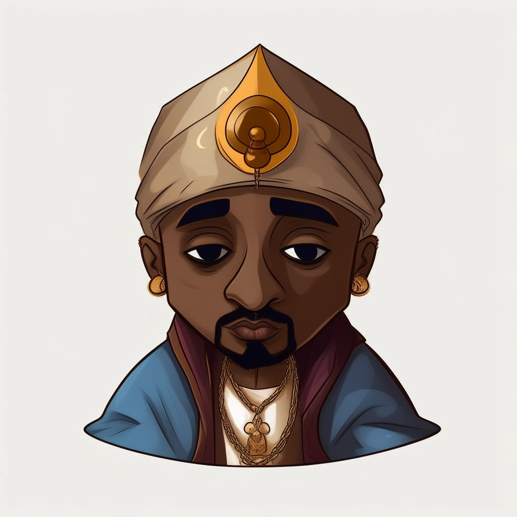 A chibi-style portrait of Tupac Shakur from the medieval era, wearing a crown and royal robes