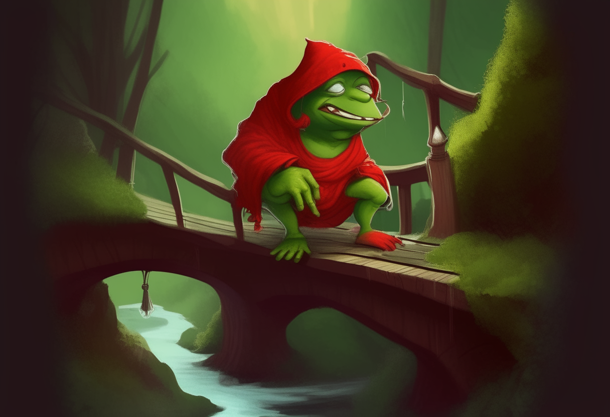 A little green troll with red clothes and a red hood sitting underneath a stone bridge over a stream in a forest, cheerfully whistling at people walking over the bridge