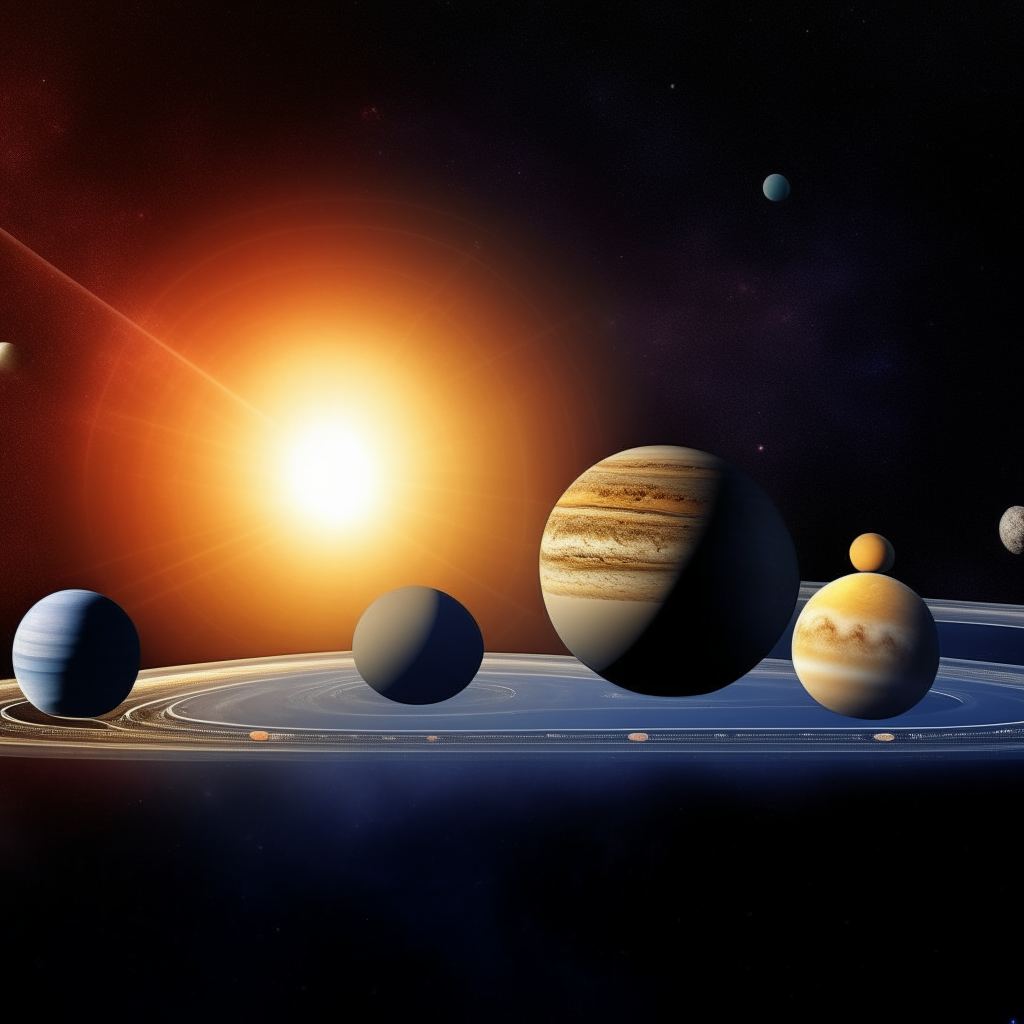 a realistic landscape view of our solar system, showing the sun prominently in the center with planets Mercury, Venus, Earth, Mars, Jupiter, Saturn, Uranus and Neptune arranged in proper scale and orbit