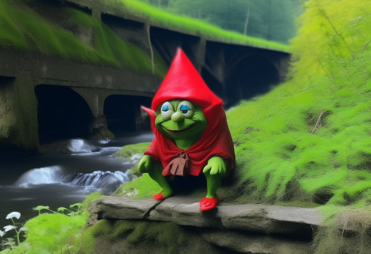 A little green troll with red clothes and a red hood sitting on the bank of a stream underneath a stone bridge in a forest, cheerfully whistling at people walking over the bridge