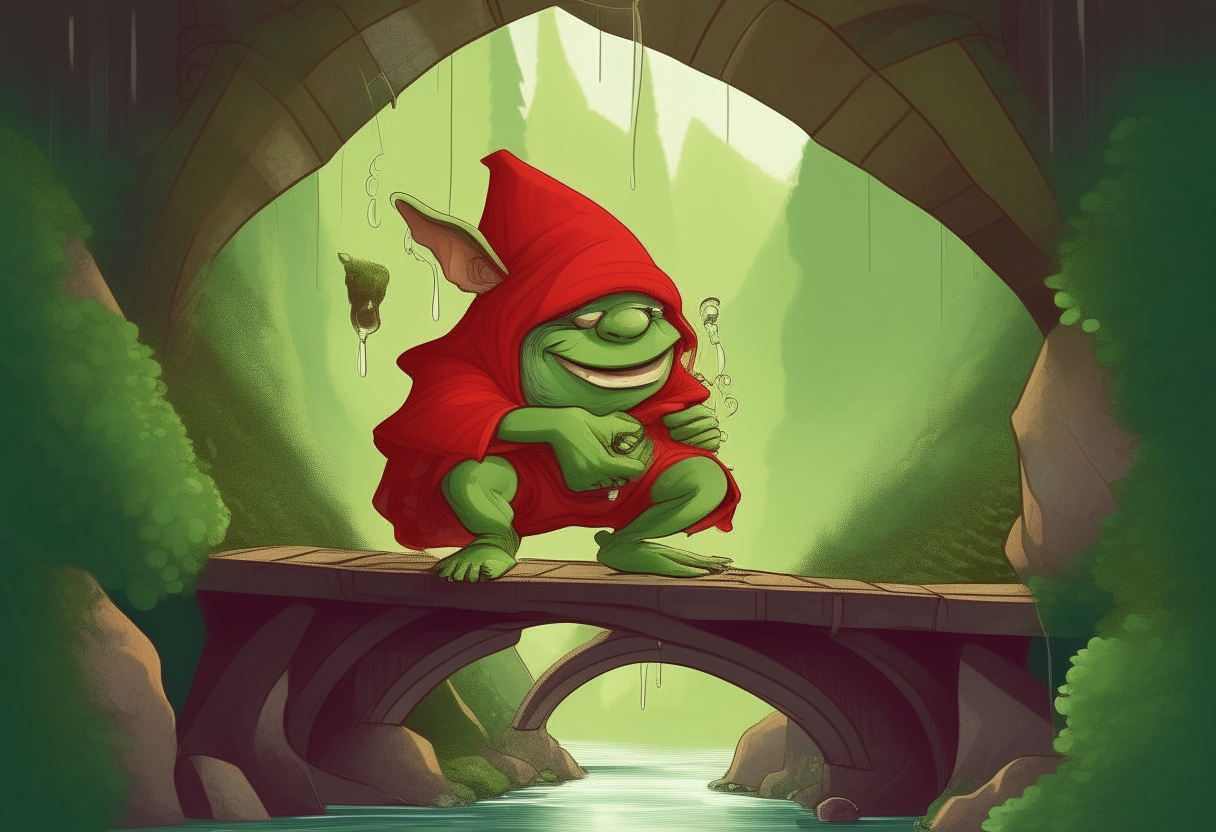 A little green troll with red clothes and a red hood sitting on the bank of a stream underneath an arch stone bridge in a forest, cheerfully whistling at people walking over the bridge