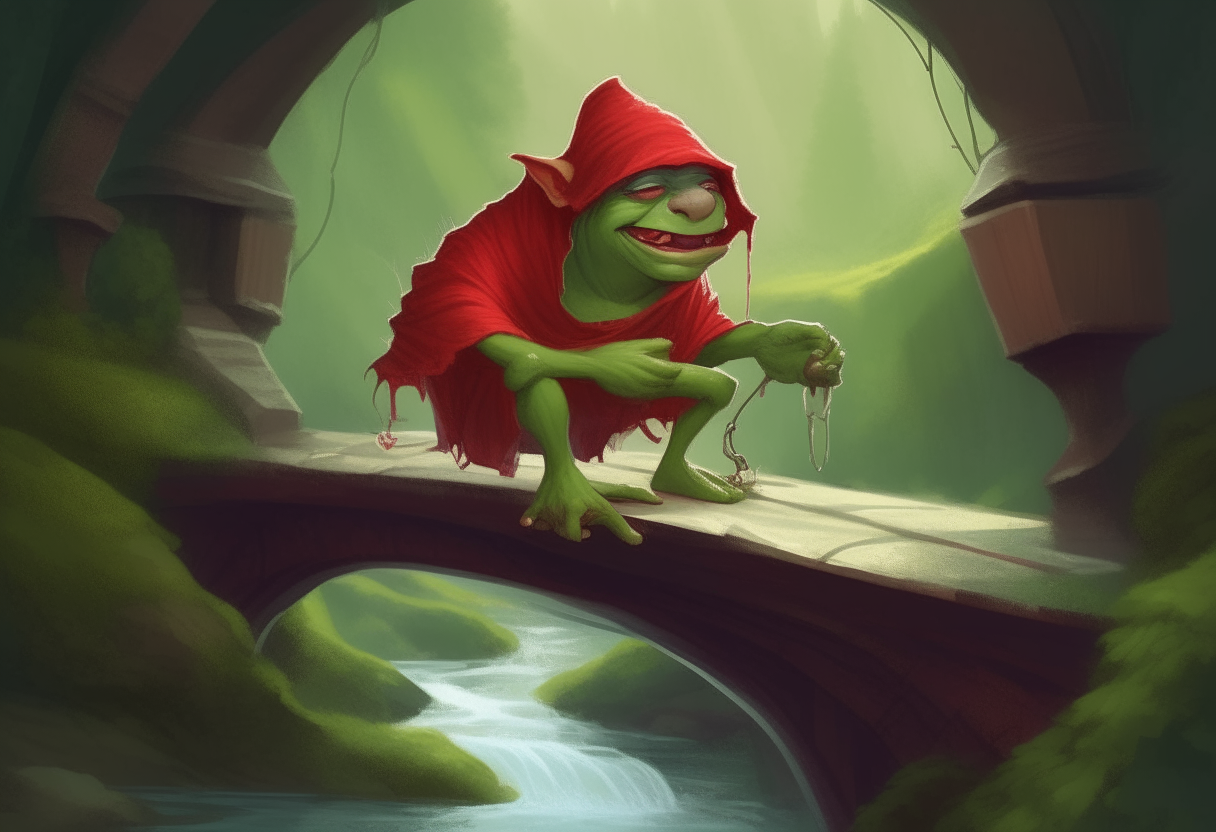 A little green troll with red clothes and a red hood sitting on the dirt underneath an arch stone bridge over a stream in a forest, cheerfully whistling at people walking over the bridge