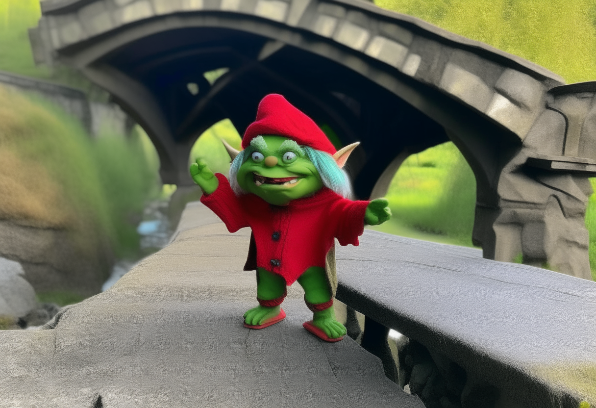 A little green troll with red clothes and a red hood sitting on the dirt underneath an arch stone bridge, cheerfully calling out to three people walking over the bridge