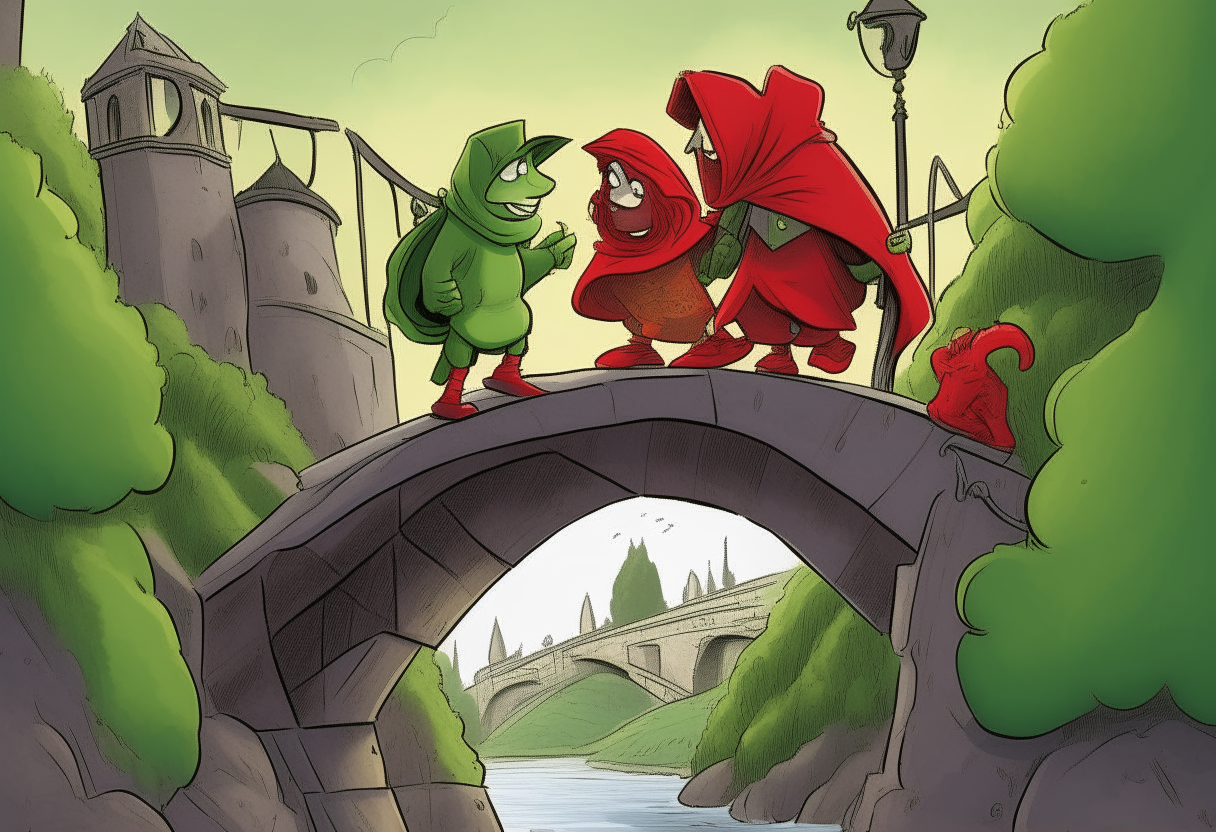 A cartoon scene of three people walking over an arch stone bridge encountering a little green troll dressed in red clothes and a red hood sitting underneath the bridge