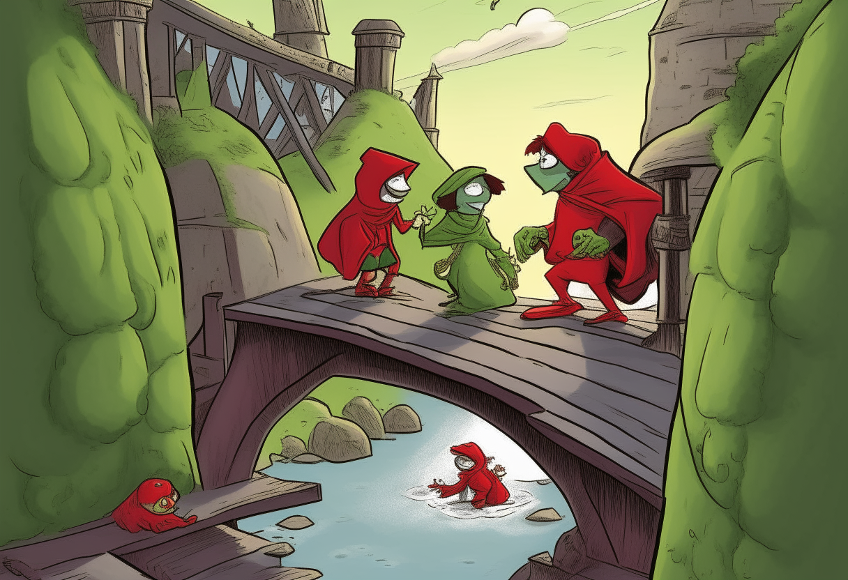 A cartoon scene of three people wearing normal clothes walking over an arch stone bridge encountering a little green troll dressed in red clothes and a red hood sitting underneath the bridge