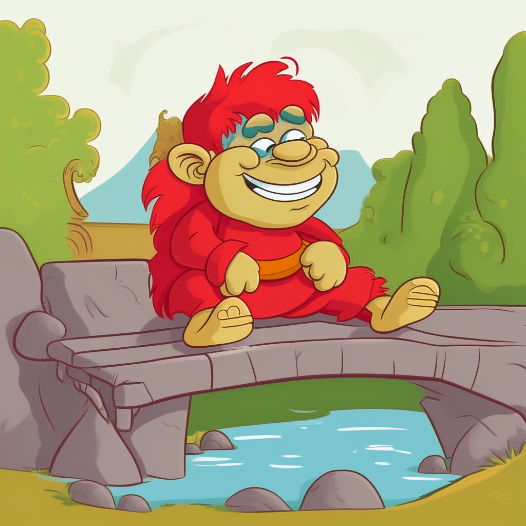 a cute cartoon troll with red clothes smiling while sitting on a stone bridge a cute cartoon troll wearing red clothes smiling while sitting on a stone bridge