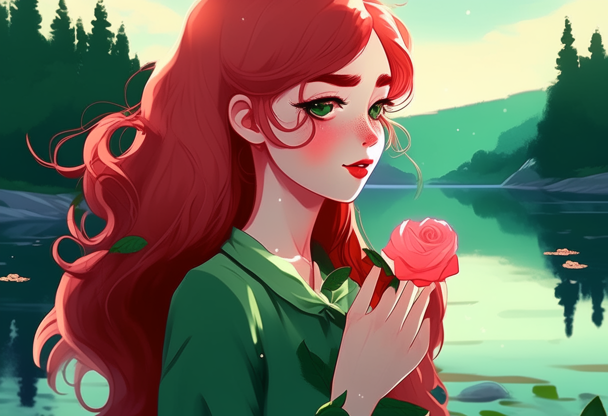 cartoon waifu with long red hair, big green eyes, cute pink bow in hair, holding and smelling a beautiful red rose, standing by a calm river, digital art