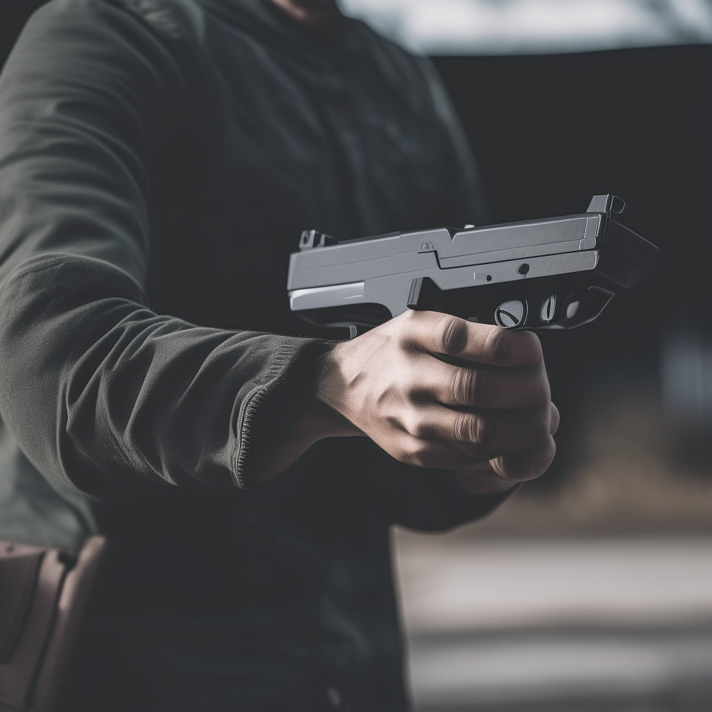 A man in his 30s holds a gun and prepares to shoot.