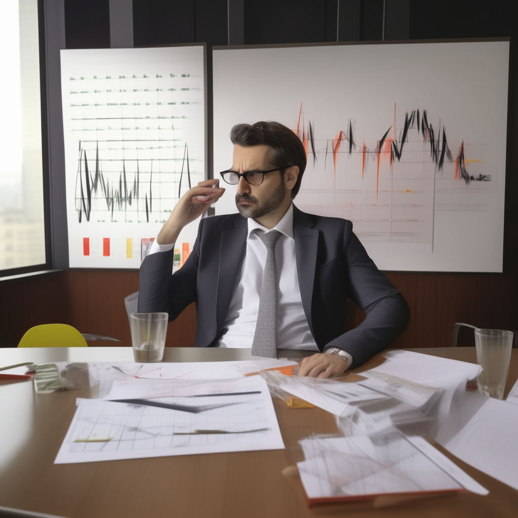 A company CEO in a boardroom surrounded by graphs and charts of quarterly profits and losses