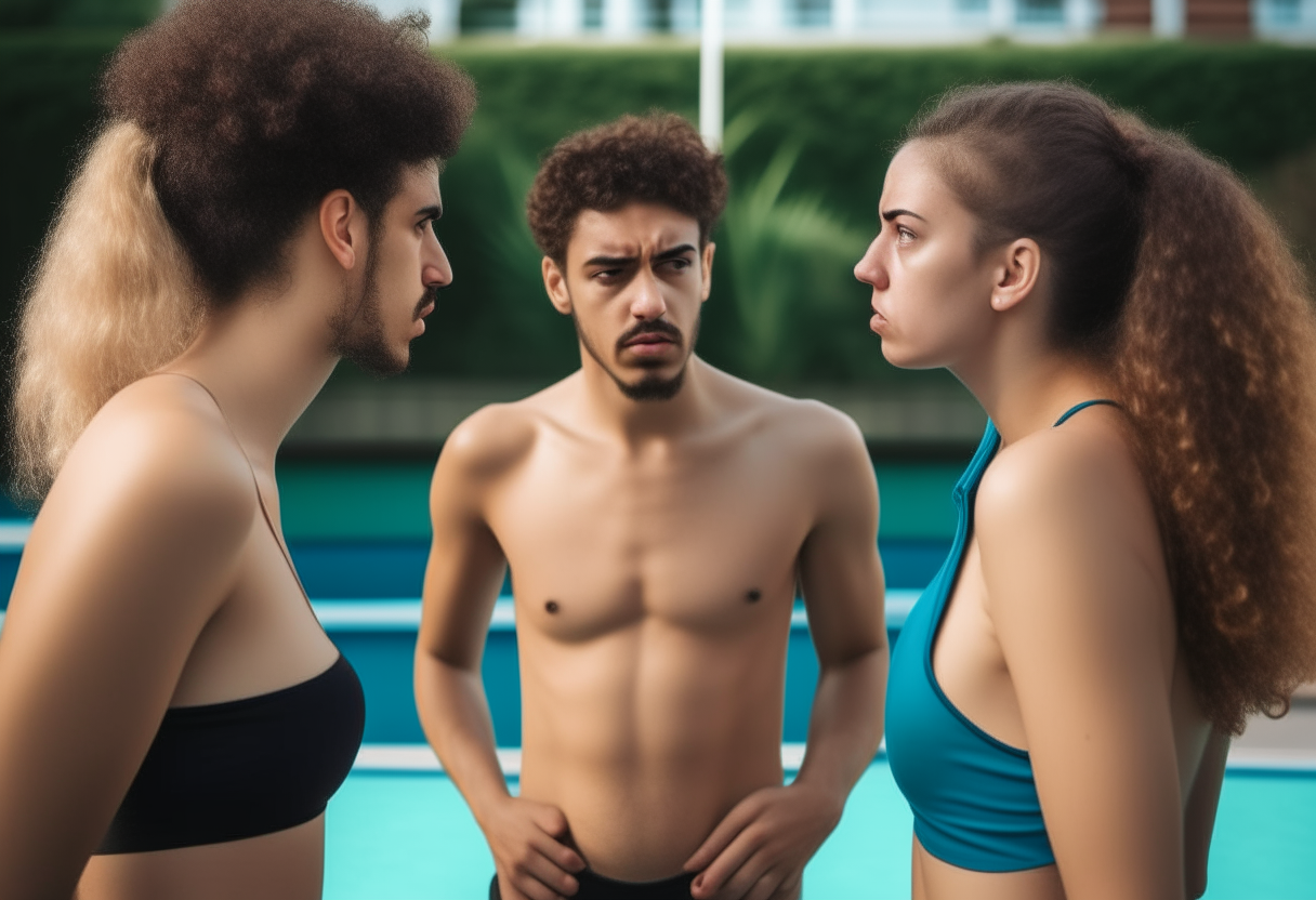 two beautiful young women in swimsuits standing poolside, glaring angrily at each other with clenched fists while a shy young man stands nervously between them