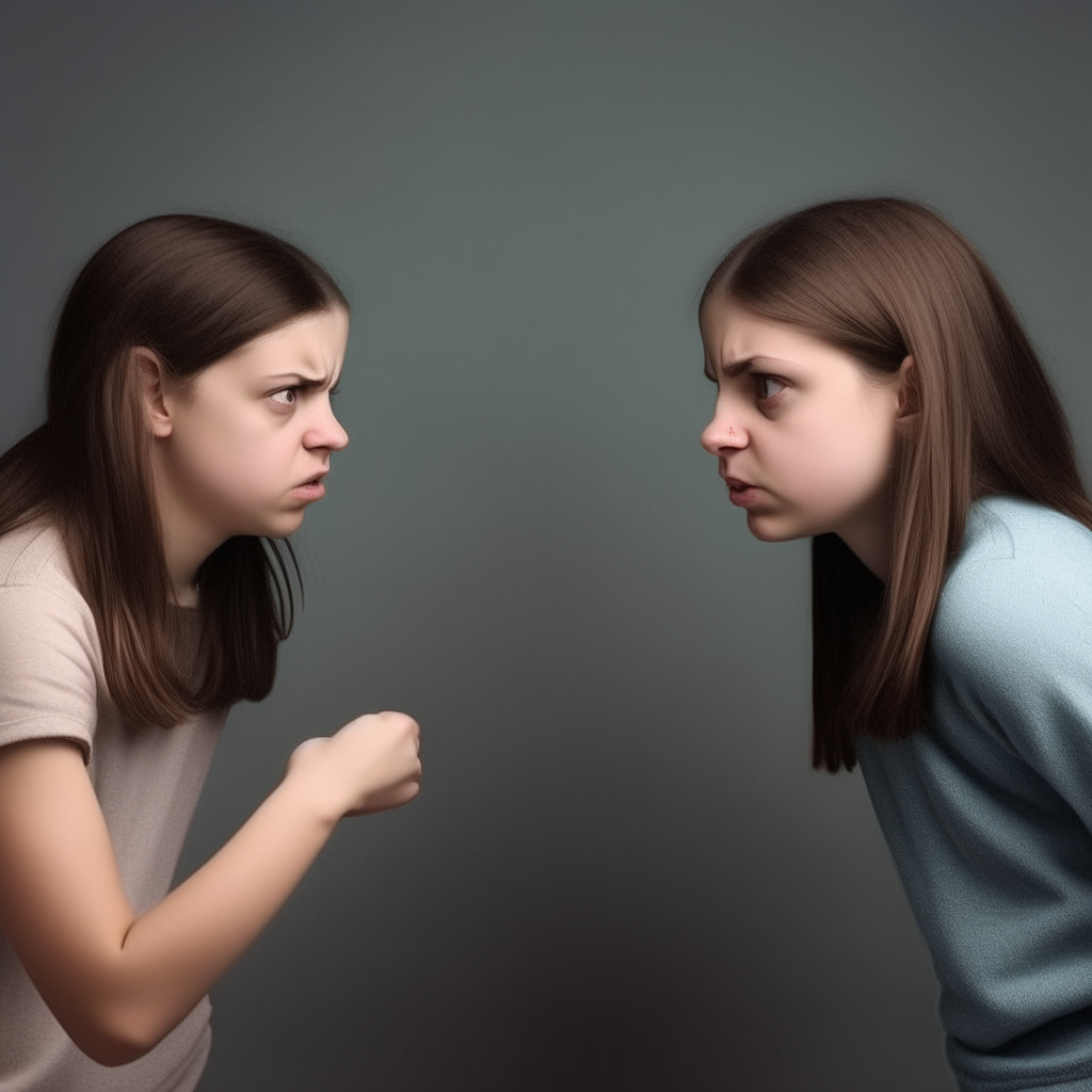 one girl turns away in a huff while the other points accusingly