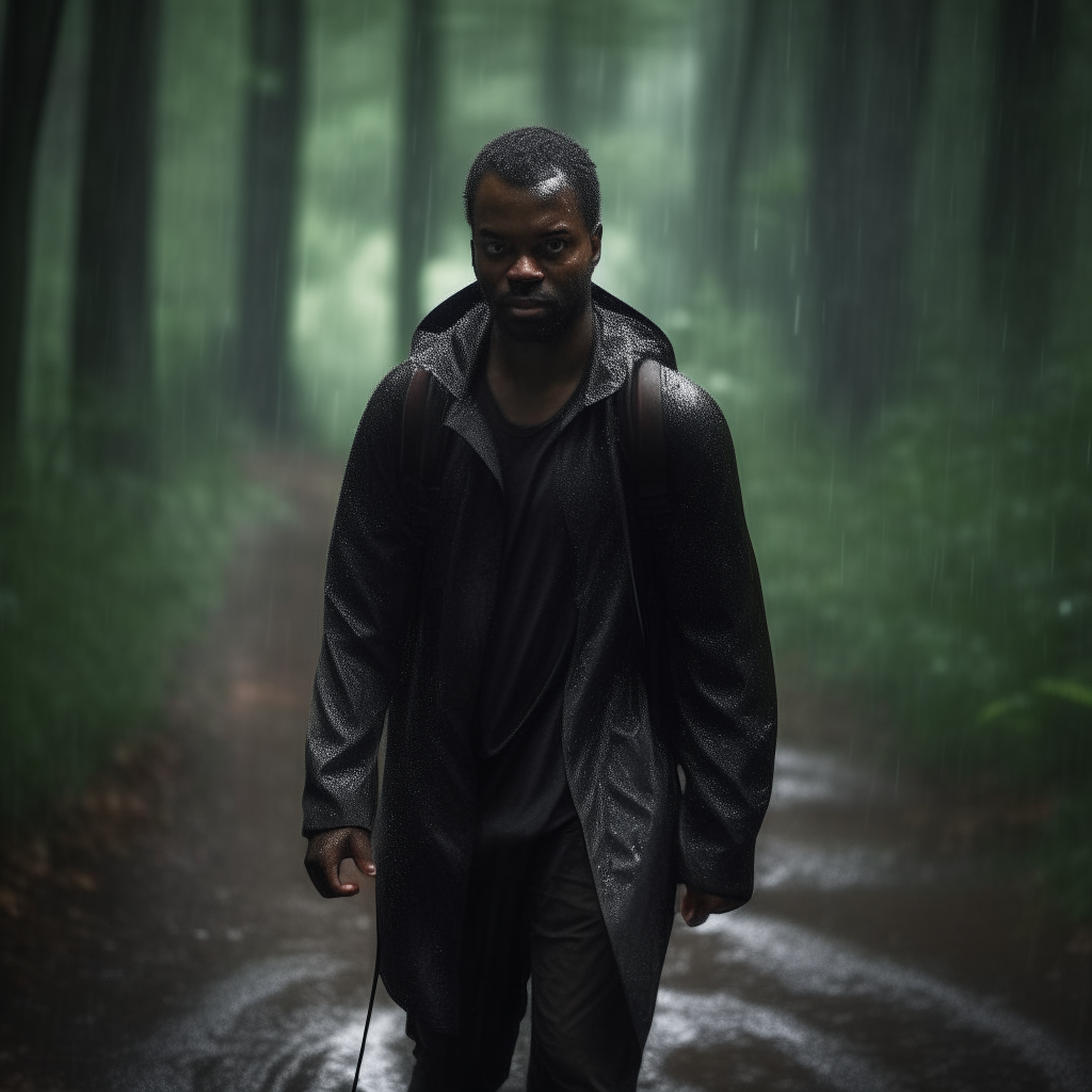 a dark skin black man walking through the rain through the woods