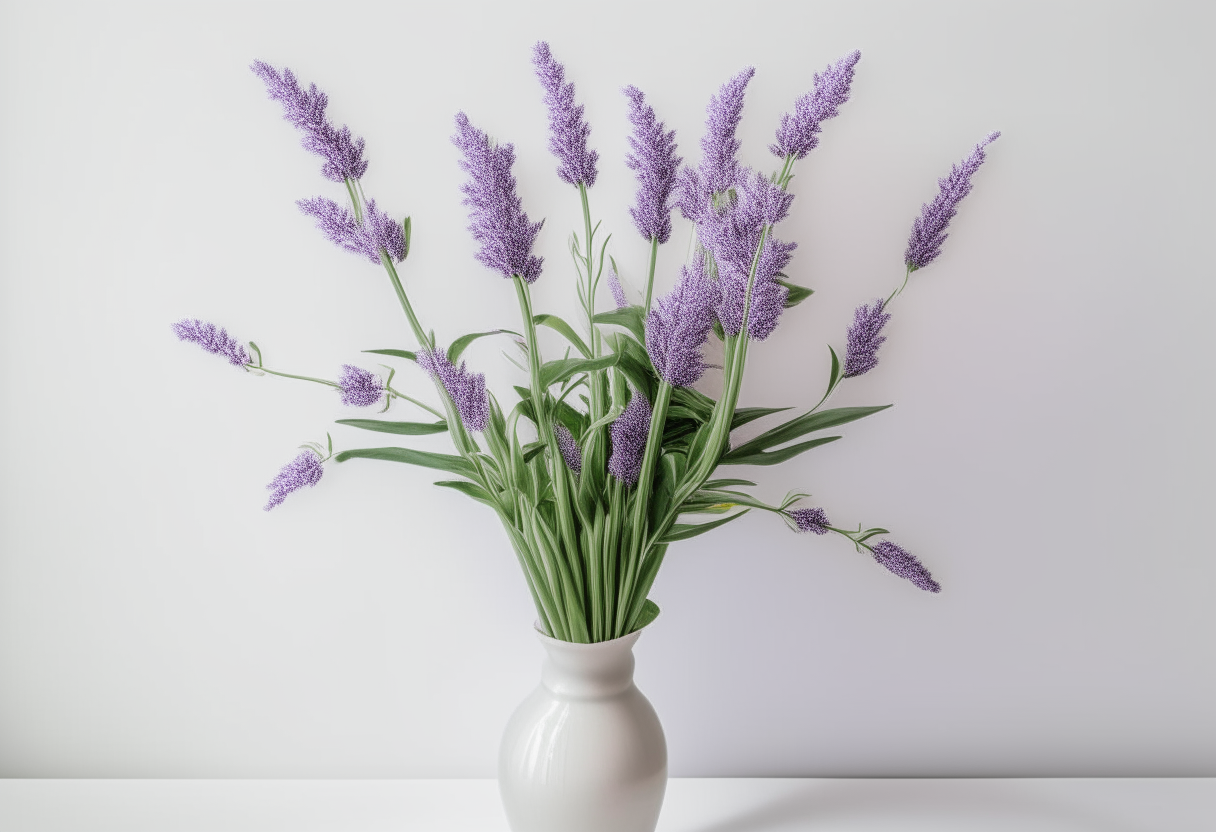 a bouquet of lavender stems and flowers, pale purple blooms on long green stems, arranged in a white ceramic vase against a plain white backdrop