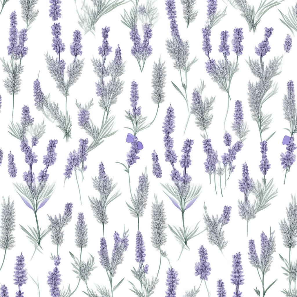 an intricate pattern of lavender stems and flowers, pale purple blooms arranged in a repeating design on a plain white backdrop