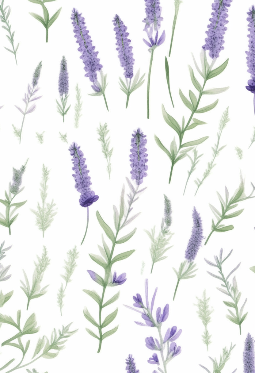 Pattern of lavender stems and flowers on a white background