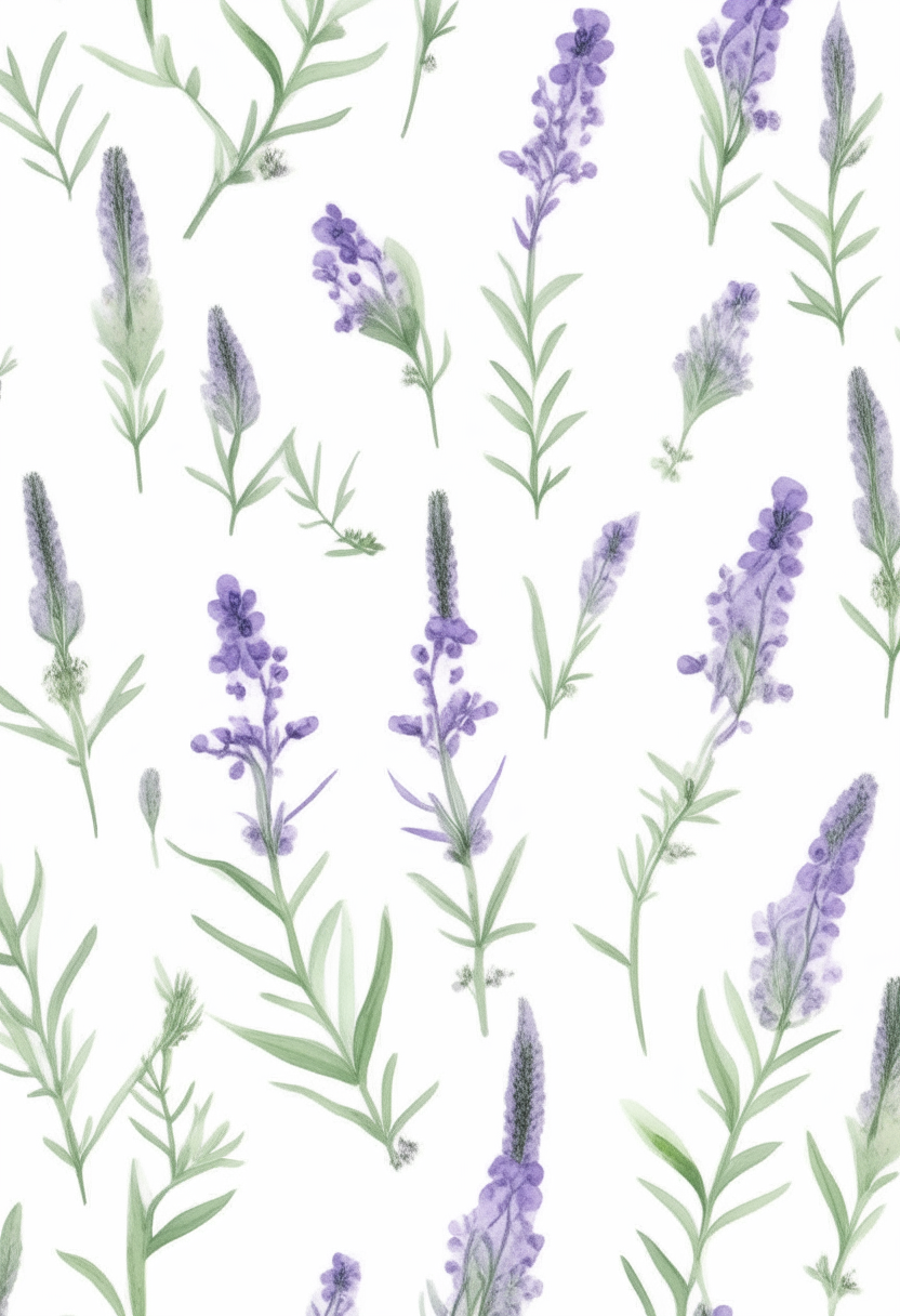 Pattern of lavender stems and flowers on a white background