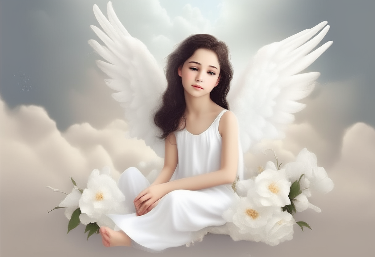 a beautiful angel girl with white feathered wings, sitting on a fluffy white cloud, holding a single white lily flower