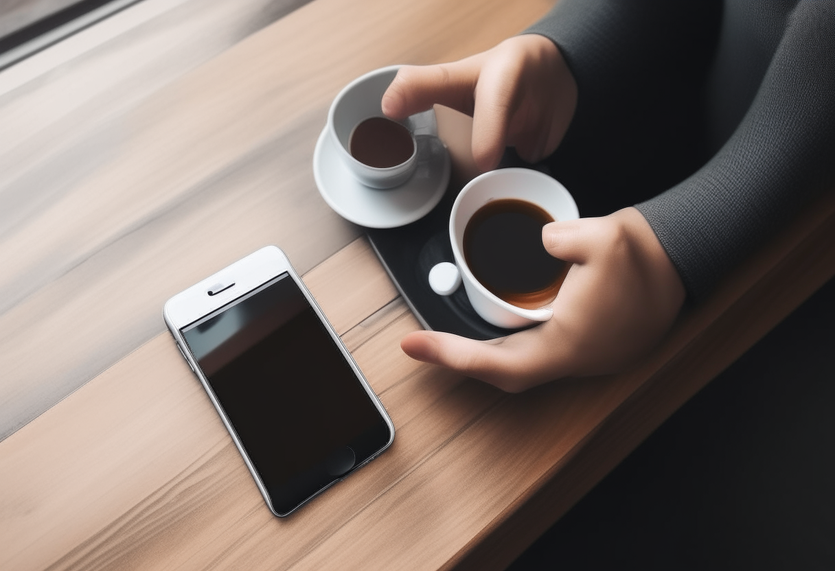 A hand holding a smartphone, next to a coffee cup on a wooden table, photograph