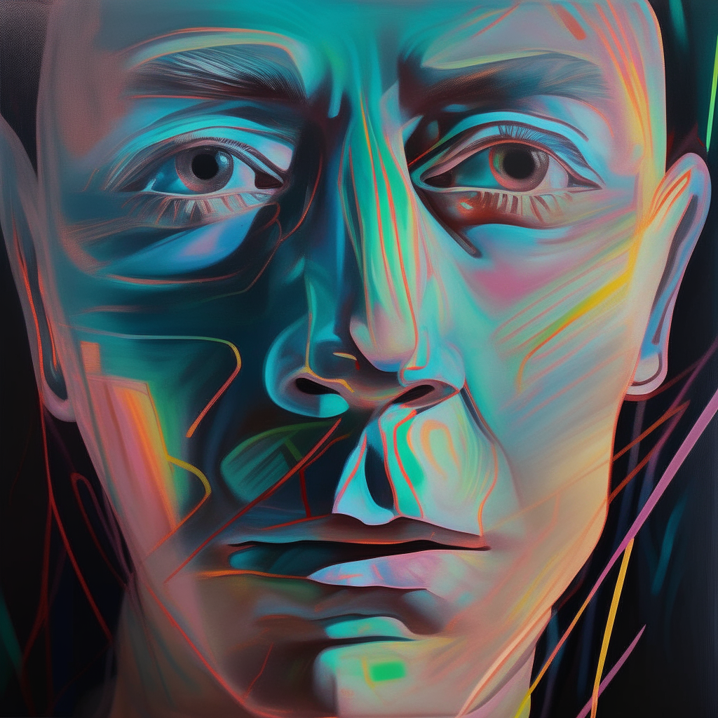 a painting of a man's face with multiple lines emanating from it in a realistic, neon, lo-fi style, the eyes are blinking