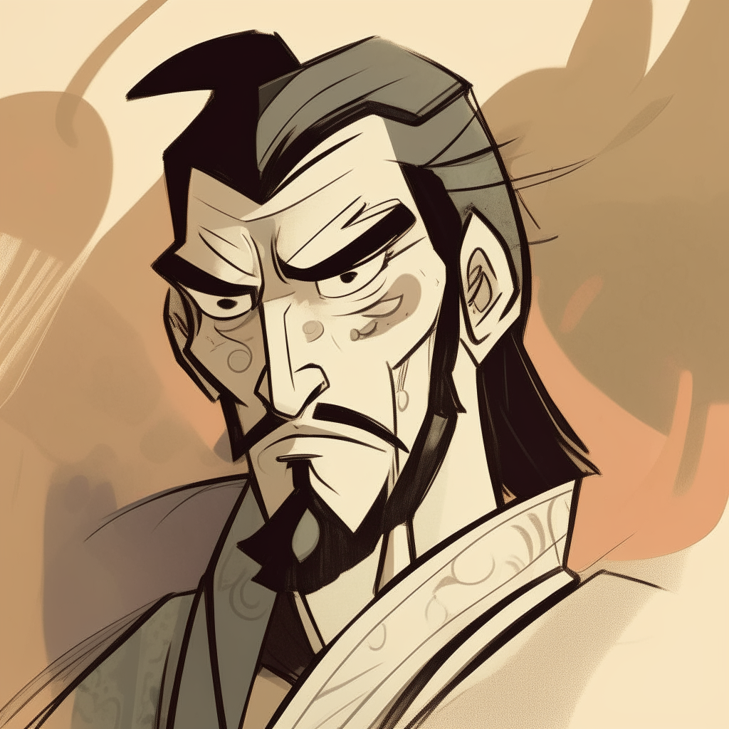 a portrait of the man from the painting in the anime art style of samurai jack, with detailed linework and shading