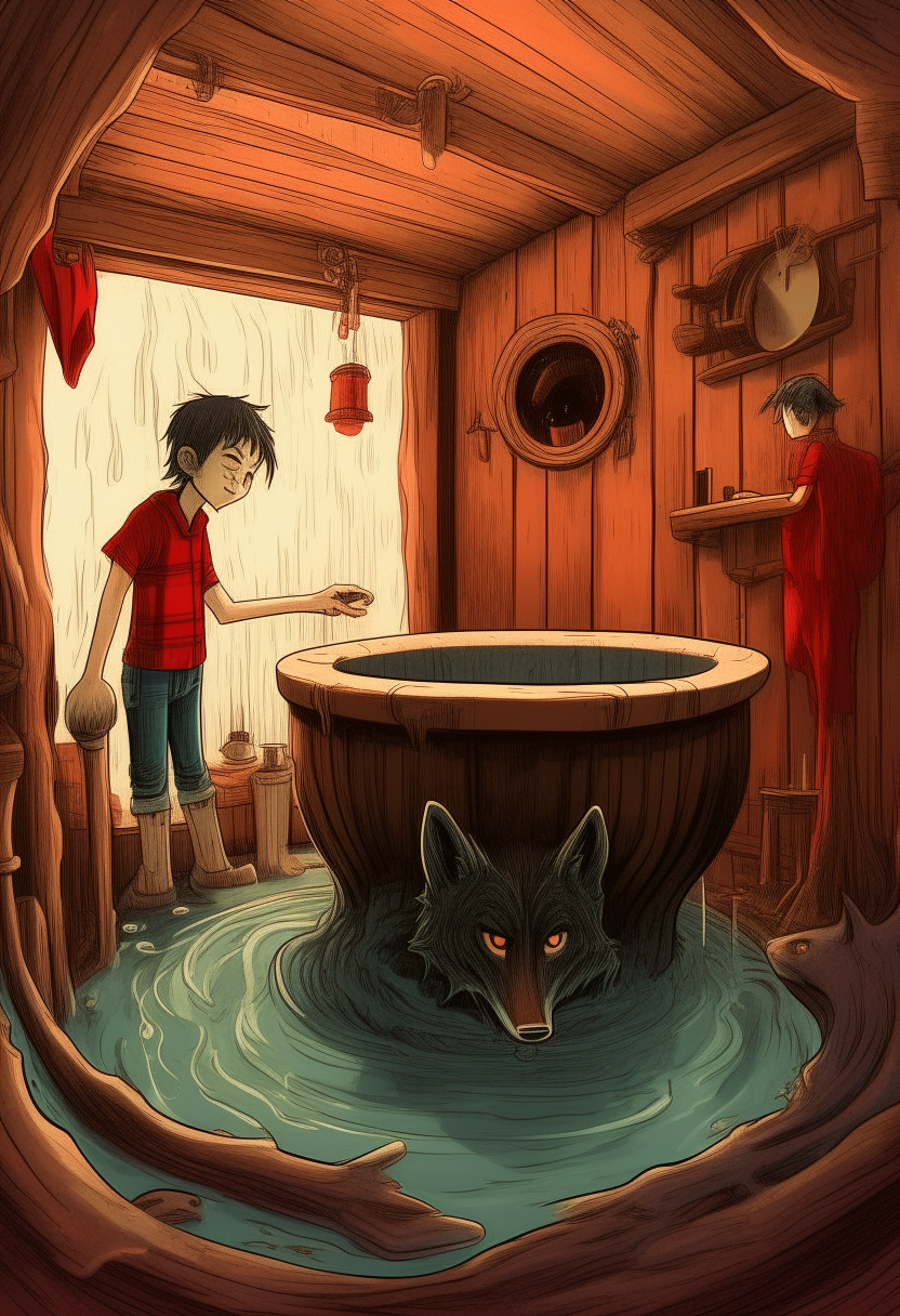 boy stick in a whirlpool in a old wooden home, with a red eyed wolf watches over the boy like a proud father 
