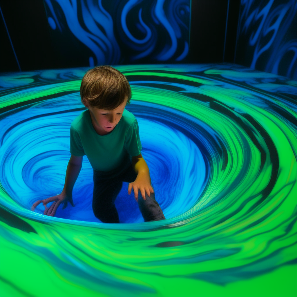 a boy with brown hair, wearing blue swim trunks, being sucked into a swirling neon blue and green whirlpool in the middle of a wooden floor
