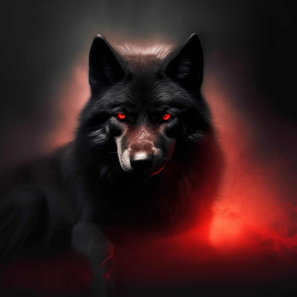 the previous image composited with a big black wolf with glowing red eyes sitting calmly in the bottom right corner