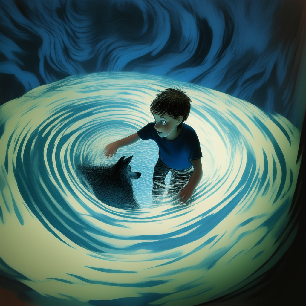 the boy from image 1 swimming in the whirlpool with the wolf from image 2 watching calmly from the corner
