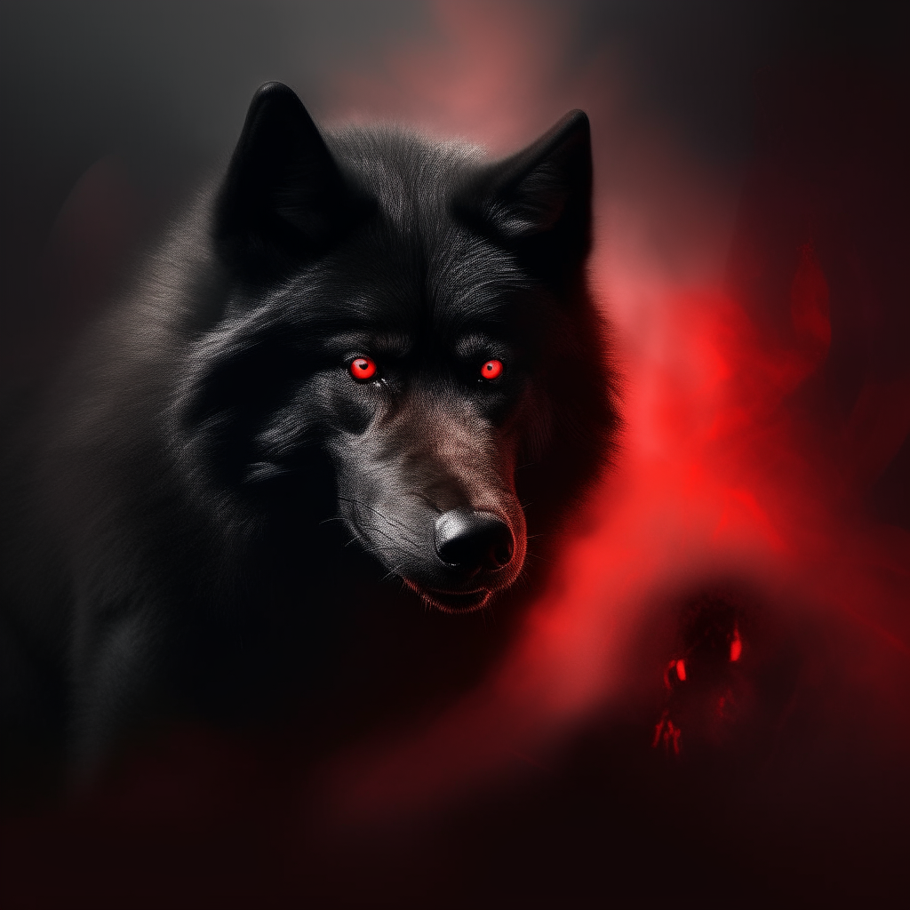 the previous image composited with a big black wolf with glowing red eyes looking down at the boy from the top left corner