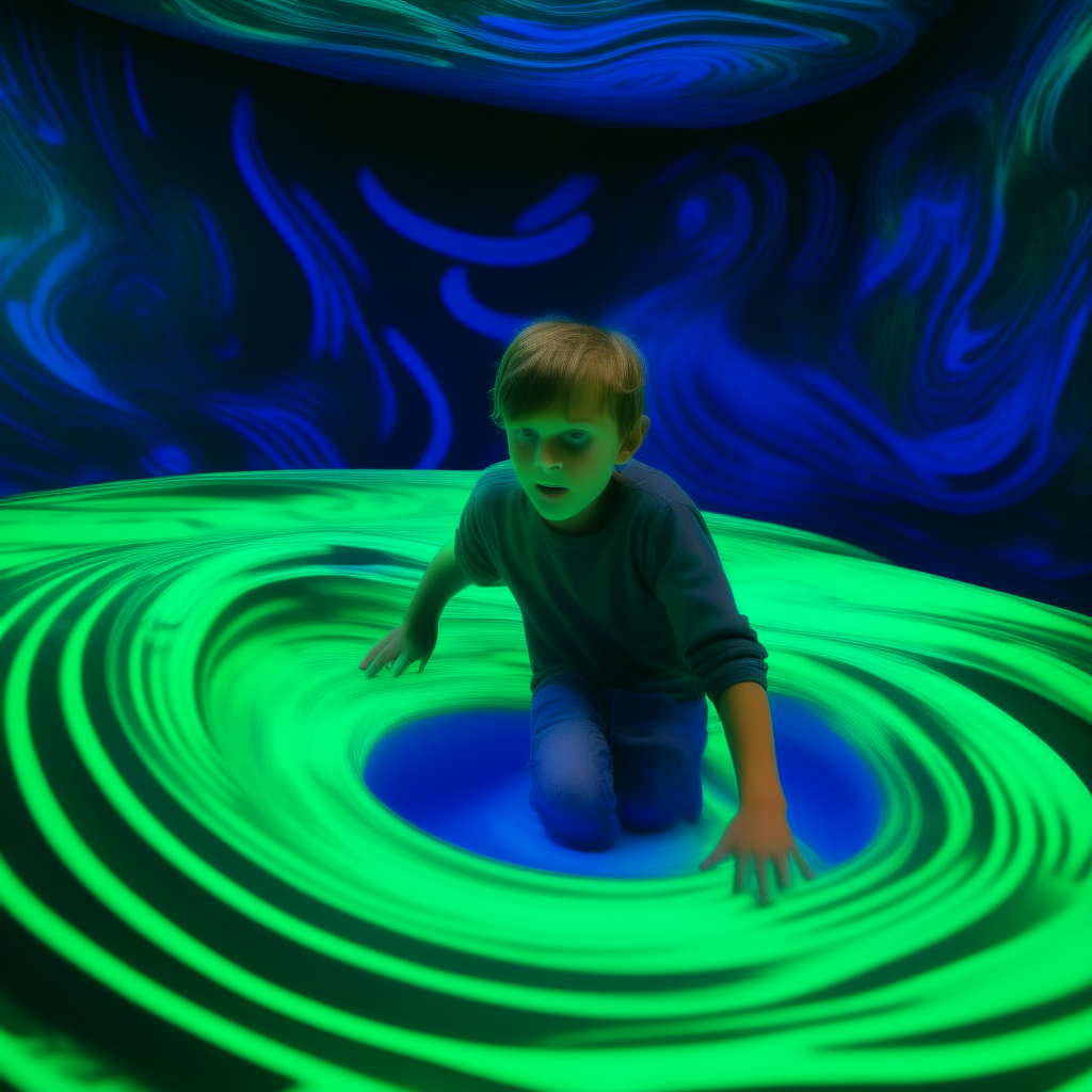 the boy from image 1 swimming in the neon blue and green whirlpool