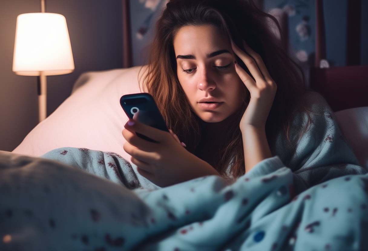 A young woman lying in bed, scrolling through social media on her phone with a bored expression on her face. She is wearing pajamas and has messy hair.