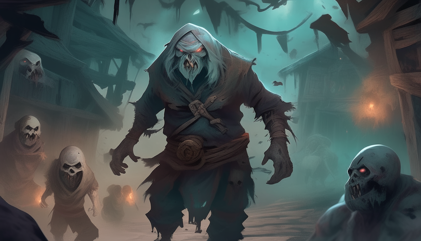 "Illustrate the transformation of the once brave explorer into a tormented soul, with haunting spirits and ghostly entities surrounding him as he becomes a part of the malevolent forces ruling the forsaken village."