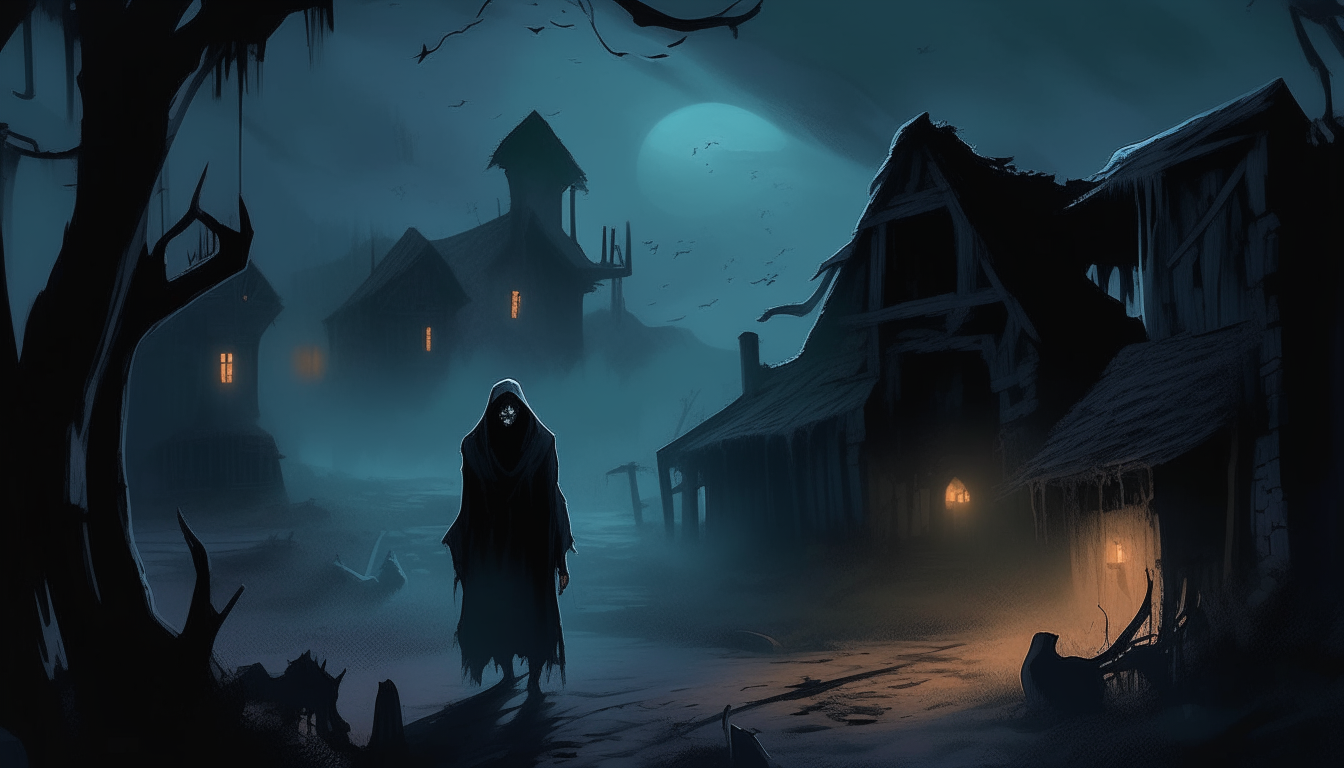 A shadowy figure stands alone in a ruined village at night, surrounded by ghostly spirits as a malevolent force takes hold.