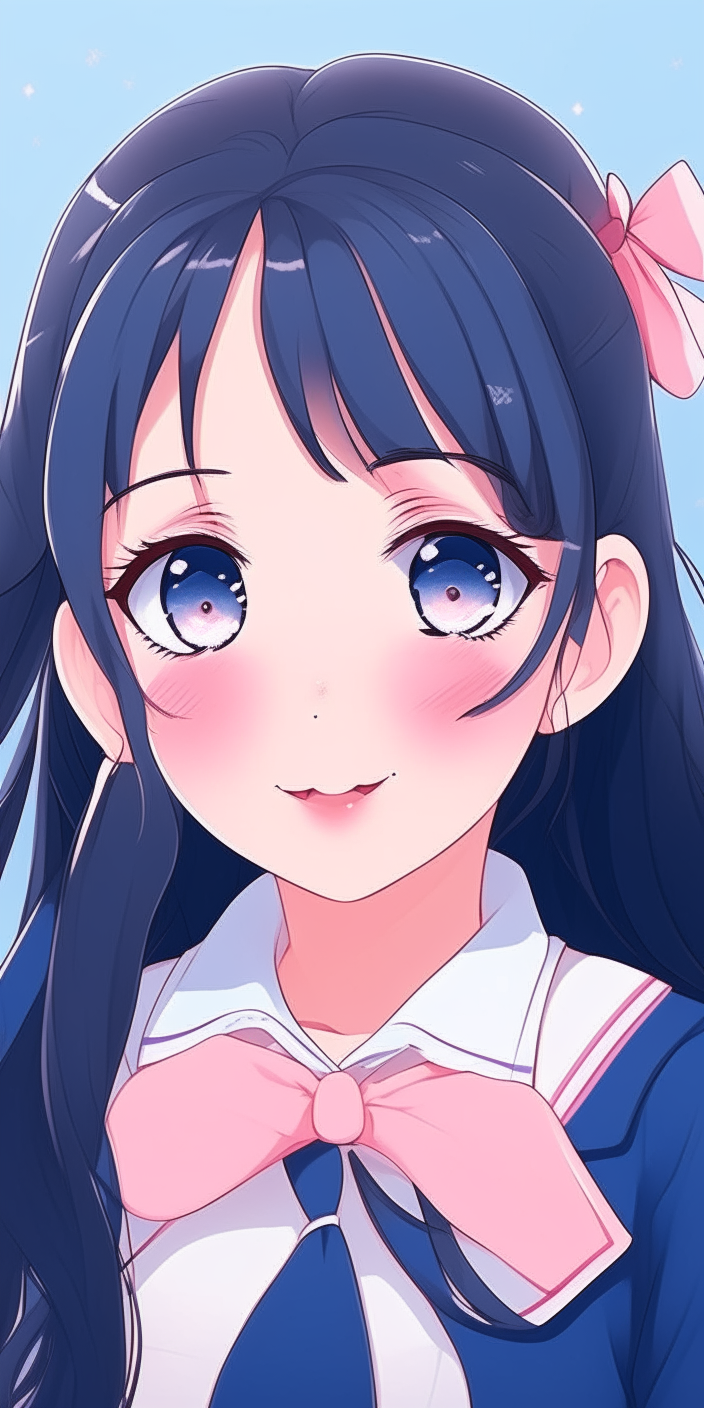 A cute anime-style portrait of a girl with long black hair in pigtails, large blue eyes, and wearing a pink and white sailor school uniform